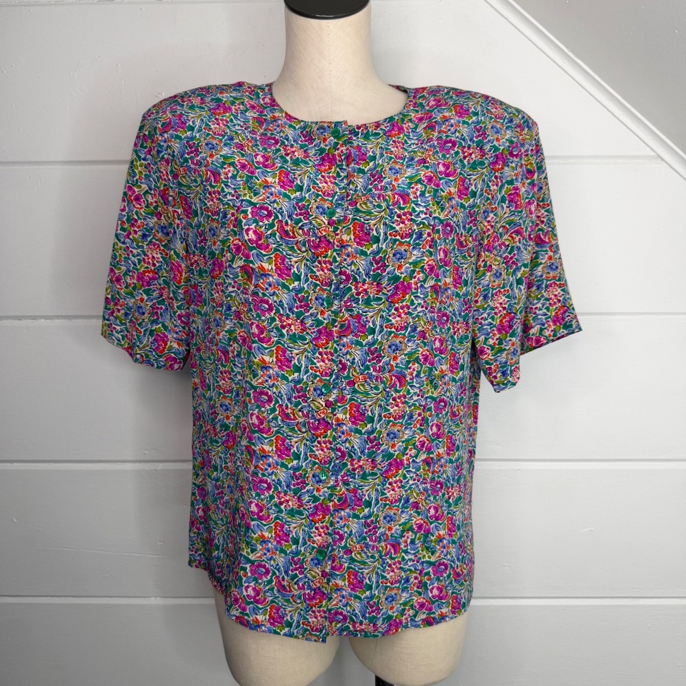 VTG Argenti Blouse 100% Pure Silk Floral Bird Short Sleeves Blouse Size 8 Medium